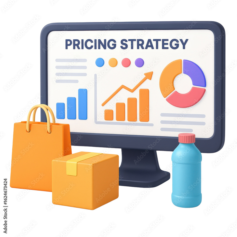 Poster merchandise rate strategy effect concept. computer displaying pricing strategy with shopping items.