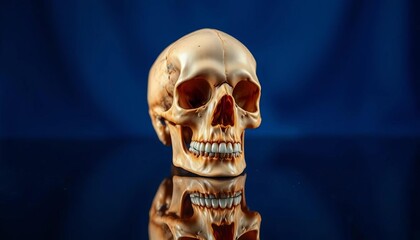 Human skull reflecting on polished surface, vibrant blue backdrop,   forensics,  mortality