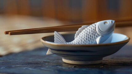 A lonely chopstick rest shaped like a fish, waiting for its moment