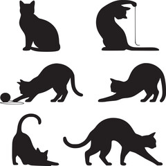 Vector art of collection of cat silhouettes in various poses isolated on white background, perfect for graphic design and illustrations