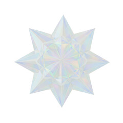 Geometric multi-pointed starburst, shimmering iridescent holographic texture with soft pastel luminous gradients, sharp contours, centered on a transparent background under bright studio lighting,