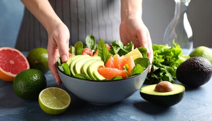 A close-up, mid-shot of a person wearing an apron, in a kitchen setting, carefully adding fresh ingredients to a large bowl of salad. The salad contains leafy greens, avocado slices, and cherry tomato