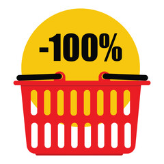 Red shopping basket with yellow promotional tag, label, sticker special offer