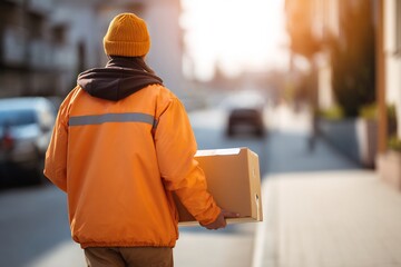 Delivery driver walking parcel photographed from behind on street urban delivery scene