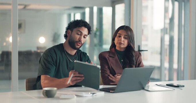 Business, people and explain on laptop in office for planning, financial report and budget tips. Staff, discussion and tablet with teamwork, finance comparison and information for investment proposal - Powered by Adobe