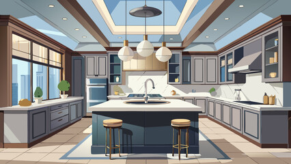 Vector art of a stylish contemporary kitchen featuring an island, ample cabinetry, and pendant lights, creating a warm and inviting atmosphere for culinary activities