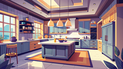 Obraz premium Vector art of a spacious and welllit kitchen featuring an island, blue and wood cabinets, and pendant lights, creating a welcoming atmosphere
