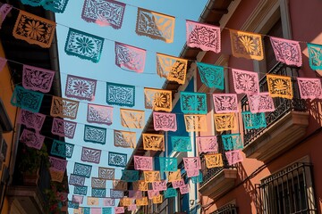 Obraz premium Vibrant Mexican papel picado banners create a festive, bright atmosphere for celebrations and cultural events