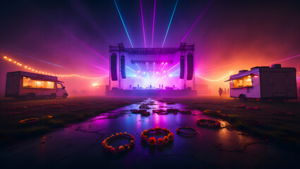 Sleepy Festival: Neon Stage Lights in the Night Fog