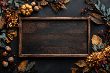 Dark wooden board with dry leaves and pine cones in autumn