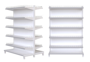 Store Shelves. Empty white retail display shelves supermarket gondola mockup. White supermarket shelving display or bookstore racks.  © POSMGUYS
