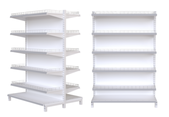 Store Shelves. Empty white retail display shelves supermarket gondola mockup. White supermarket shelving display or bookstore racks. 