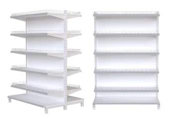 Acrylglasbilder Gondeln Store Shelves. Empty white retail display shelves supermarket gondola mockup. White supermarket shelving display or bookstore racks.   © POSMGUYS