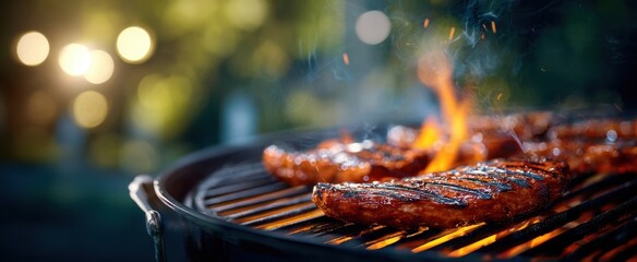 The sizzling steaks on the grill showcasing delicious barbecue cooking.