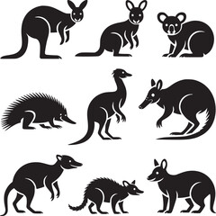 Vector art of collection of australian animals silhouettes including kangaroo, koala, echidna isolated on white background