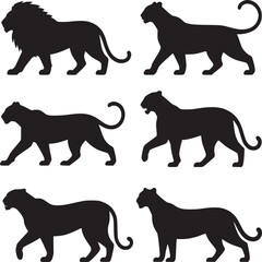 Vector art of collection of lion and lioness silhouettes in various poses isolated on white background