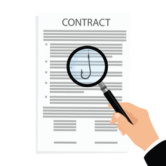Contract and fishing hook seen through magnifying glass