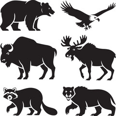 Vector art of collection of north american wildlife animals silhouettes including bear, eagle, bison isolated on white background