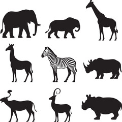 Vector art of a collection of african animals in black silhouette, including an elephant, giraffe, zebra, and rhinoceros