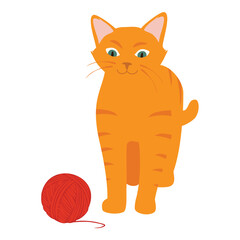 Funny and playful ginger kitten playing with yarn ball