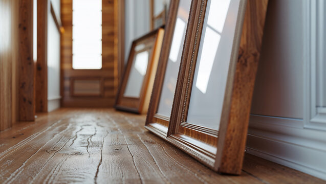 Stylish Overlapping Wooden Picture Frames in Corridor