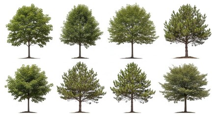 Variety of Green Trees Including Deciduous and Pine Species on White Background