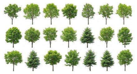 Obraz premium Variety of Green Trees with Full Foliage Displaying Different Species and Shapes on White Background
