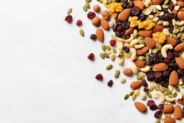Mixed dry fruits and nuts spilled on white background