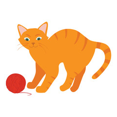 Funny and playful ginger kitten playing with yarn ball