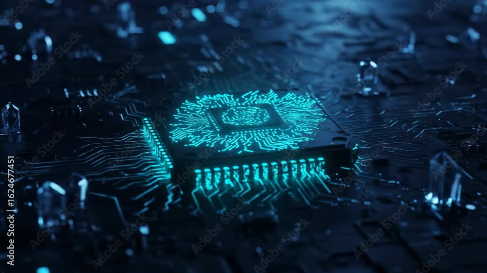 Poster digital brain: a close-up, cinematic view of a central processing unit (cpu), radiating a futuristic