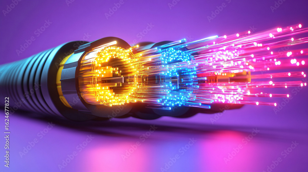 Poster 3d rendering of fiber optic cables. an abstract image features dynamic energy waves.