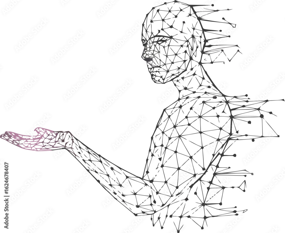 Poster human in a digital world: this image features a person formed from a network of interconnected lines