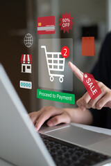 Client using smartphone laptop for online shopping purchase buy goods from store e-commerce...