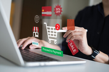 Online shopping purchase buy product from web mobile application smartphone technology e-business...