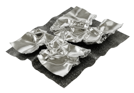 A crumpled, highly reflective silver metallic foil with intricate wrinkles, torn edges revealing a dark, granular texture, high-angle on a transparent background with copy space, no shadows,