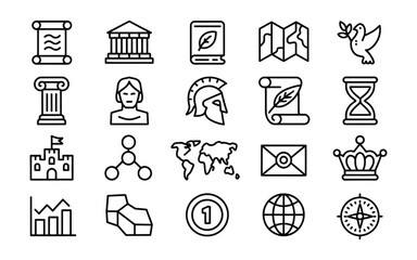 History & Ancient Civilizations Line Icons Vector Set: Education, Culture & Heritage Outline Collection