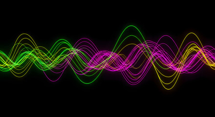 Abstract Neon Waveforms in Green Pink and Yellow Colors on Black.