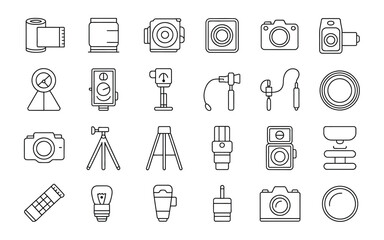 Photography Equipment Line Icons Vector Set: Camera, Lens & Studio Gear Outline Collection for Photo Shoots