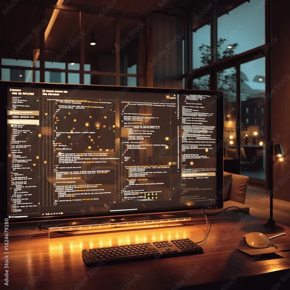 Aufkleber evening city view from modern workspace with illuminated monitor displaying code