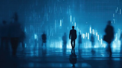 Businessman walking towards a futuristic digital interface with data streams and other blurred figures in background