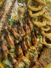 Closeup image of a mixed seafood platter