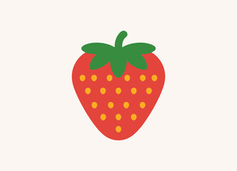 Simple vector illustration of a red strawberry with green leaves and yellow seeds