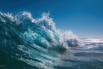 Powerful ocean wave cresting with sea spray and clear blue sky background nature scene