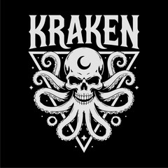 A skull with octopus tentacles, framed within a geometric triangle, styled as a Kraken emblem.