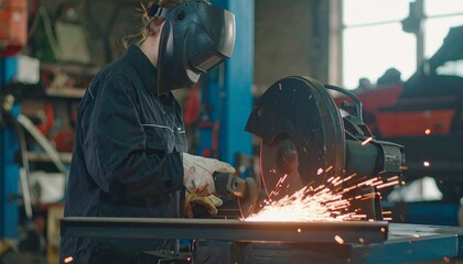 Focused female mechanic using an abrasive saw for metalwork fabrication in a modern auto workshop