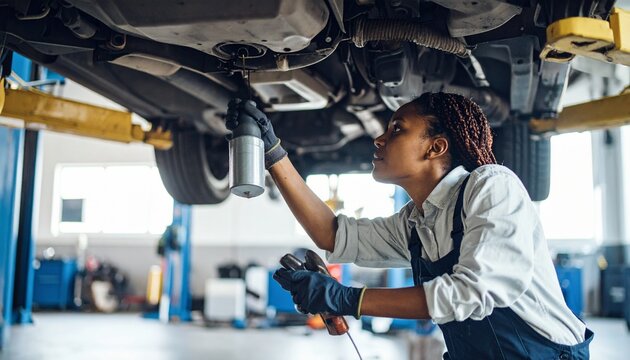 Professional African American female mechanic working under a car on a lift in a service garage.