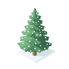 Flat 2D isometric illustration of an evergreen tree with snowflakes for Christmas, isolated on a transparent background — modern, clean design, vector artwork created by me. EPS