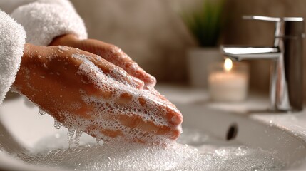 Fototapeta premium Hands covered in soapy bubbles rinse under a silver faucet in a bathroom
