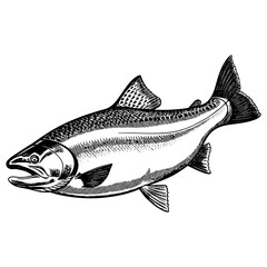 Salmon fish vector sketch engraving outline isolated on white Scratch board imitation