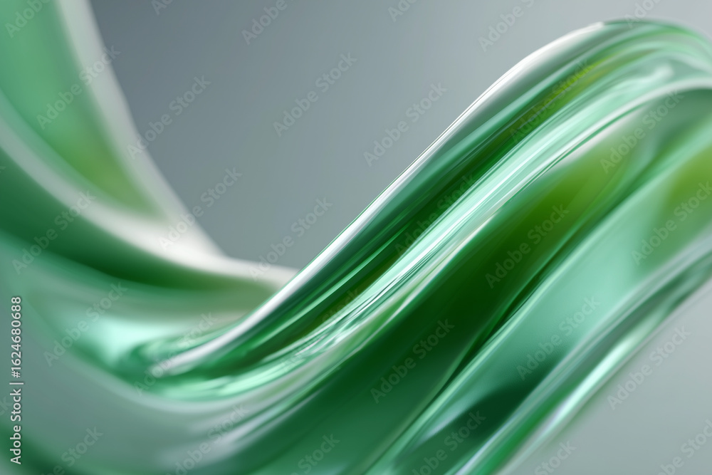 Wall mural abstract smooth green and silver flowing waves with glossy, glass-like texture on a soft gradient ba